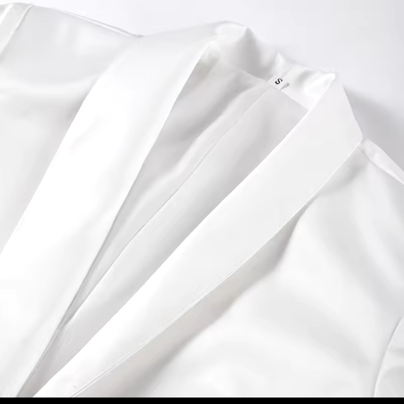 White Stand Collar Jacket Coat Double Pocket Elegant Socialite Women Cuff Button - Picture 11 of 15